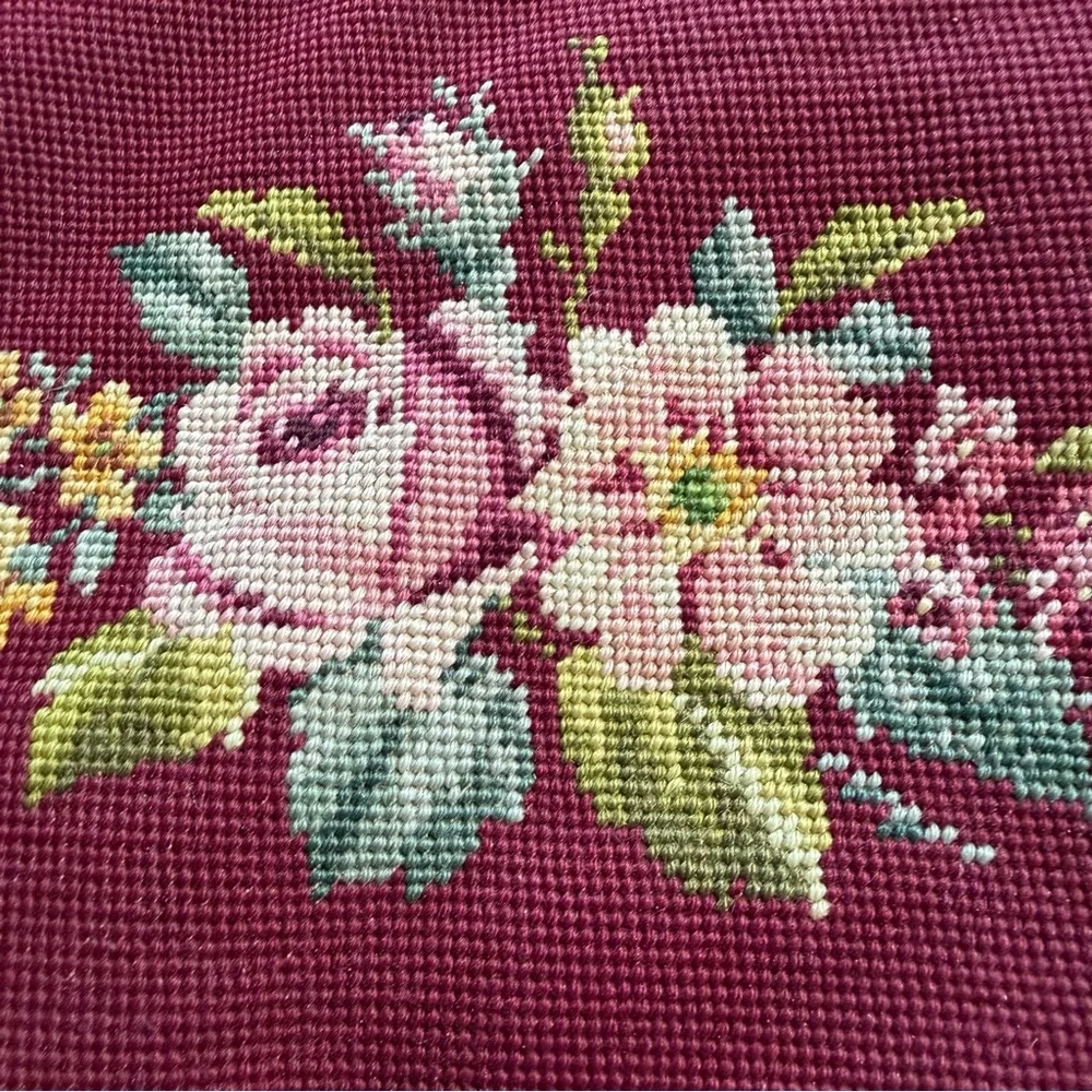 Vintage Needlepoint Floral Pillow 18”x15” Burgundy Wool Front Velvet Back Flat